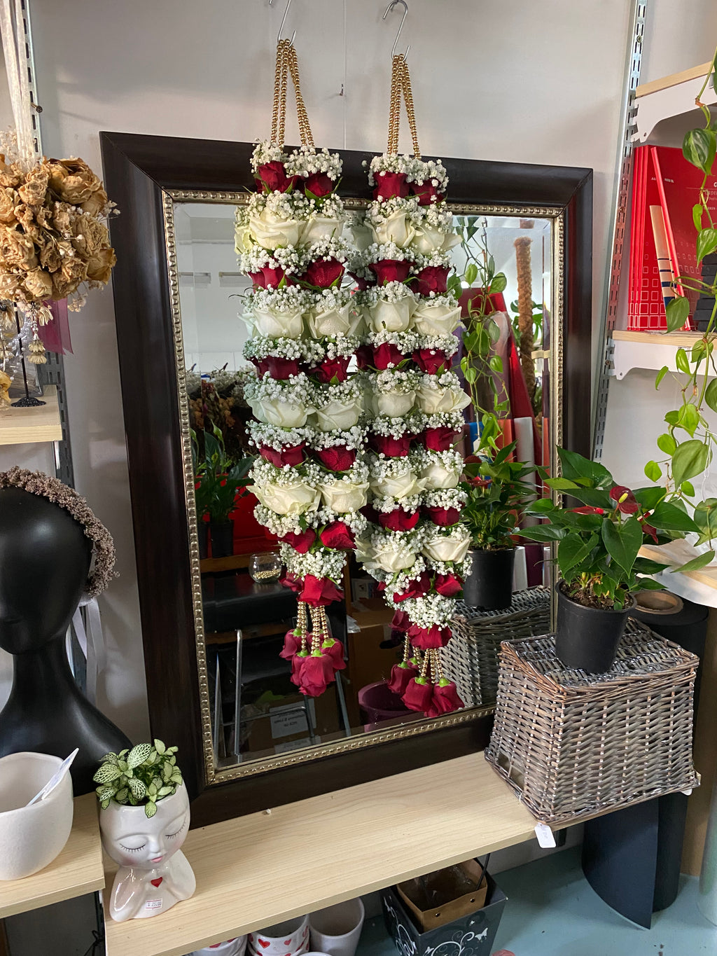 Red & White Rose with Gypsophila